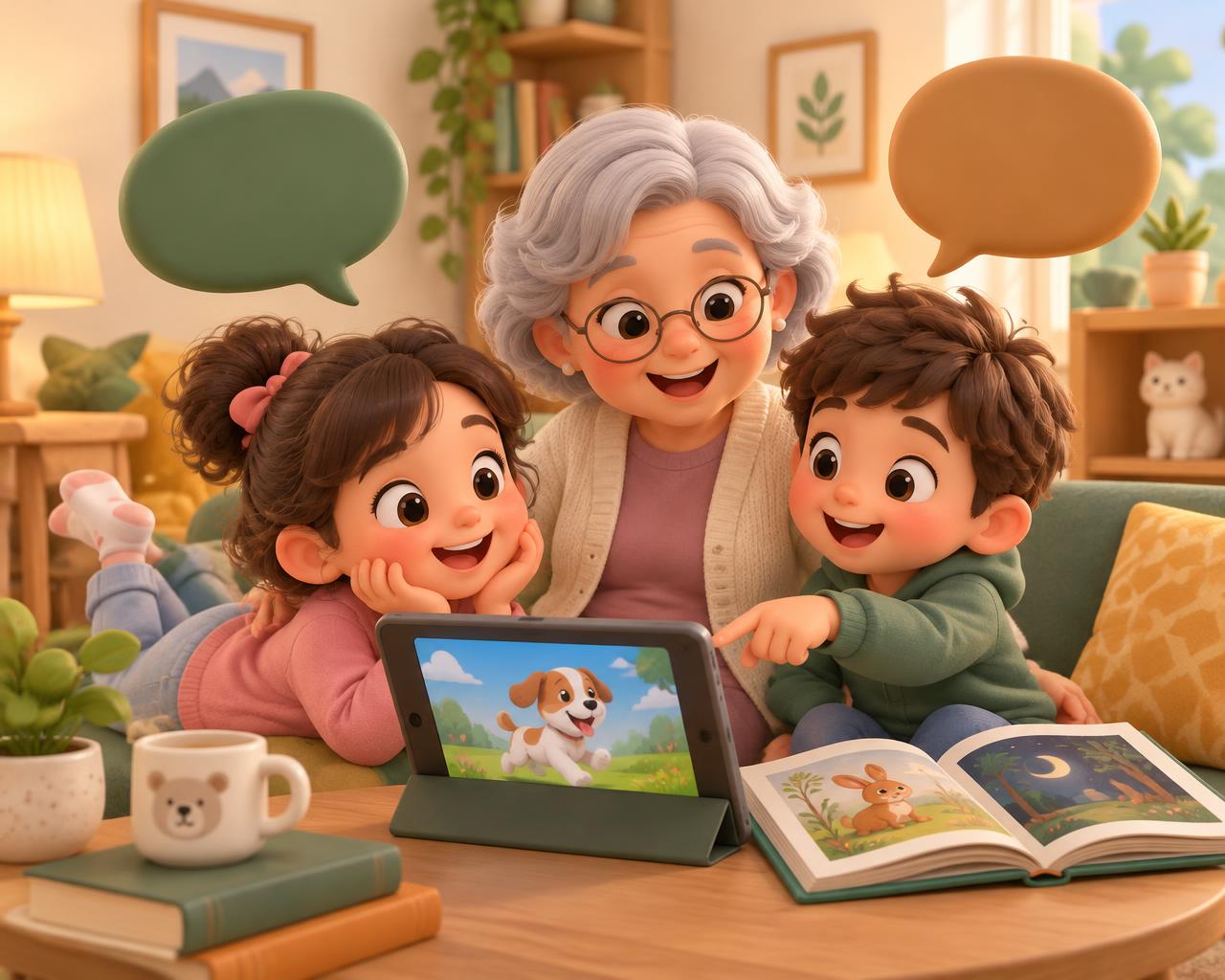 Grandmother and two kids watching a video and reading a story