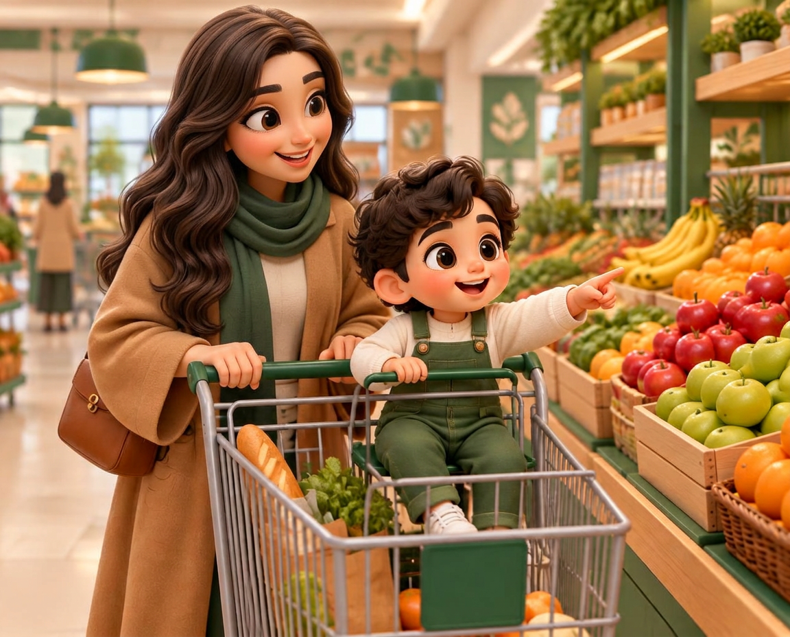 A mom and her kid shopping at the supermarket