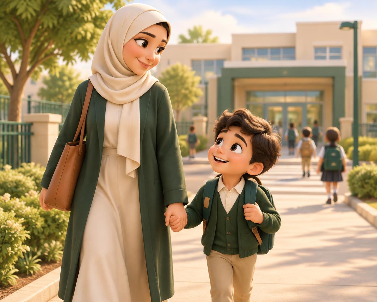 A mom walking her son to school